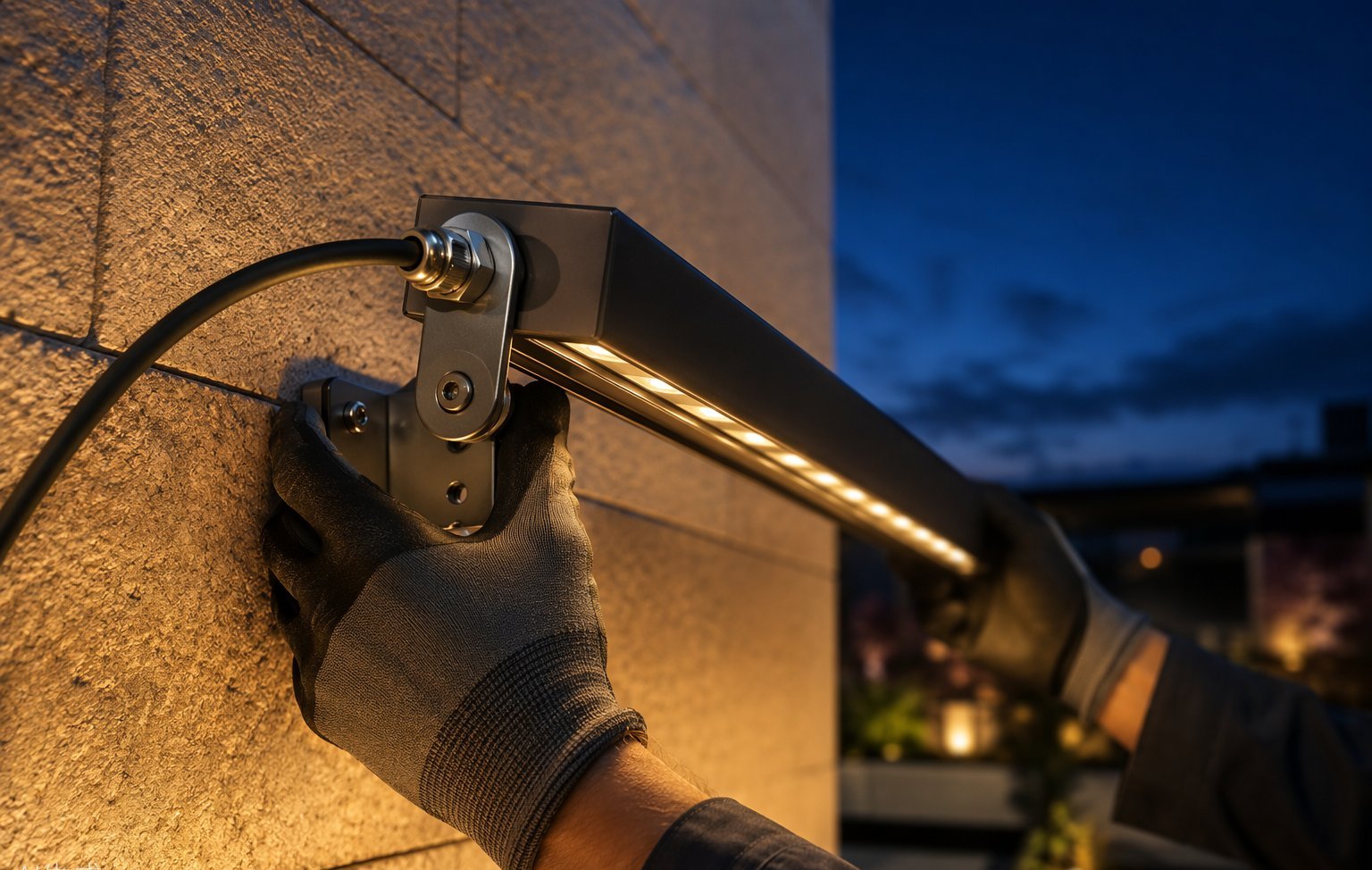 Wallwasher montaj detayı — ayarlanabilir ayak ve suya dayanıklı kablo bağlantısı