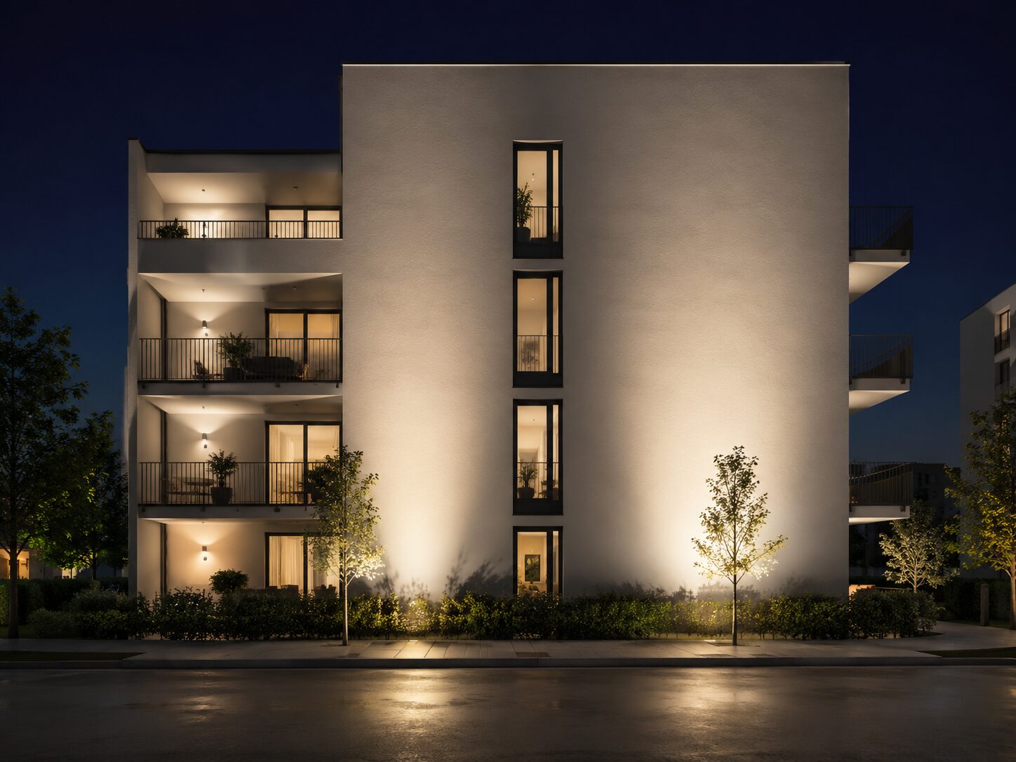 Modern apartman cephesinde wall washing uygulaması